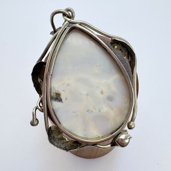 VTG Sterling Silver 925 White Agate Leaf Scroll Design Pendant Size 2.5" Length - Picture 6 of 9